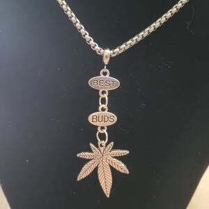"Best Buds" fan leaf charm necklace, stainless steel chain, handmade